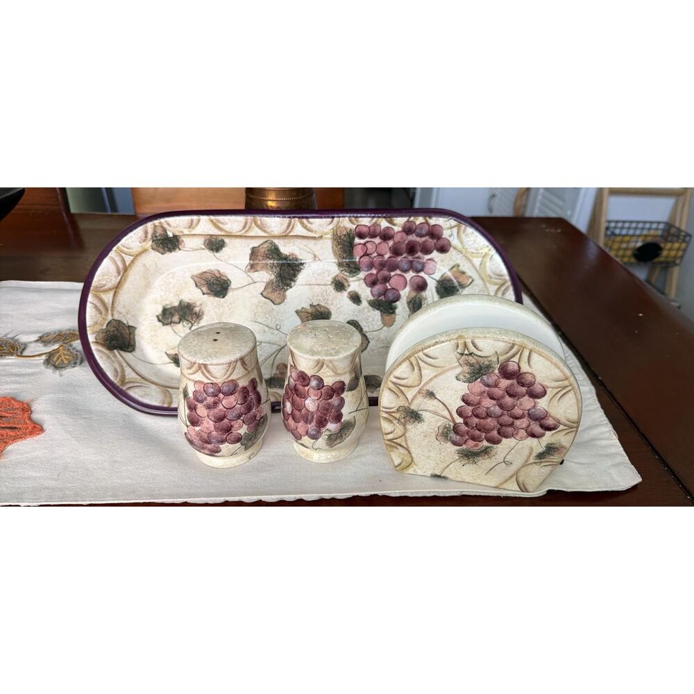 Oneida Veneto Hand Painted Grape Ceramic Set Tray S&P Napkin Holder